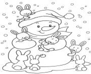 Printable cute bunnies and snowman free winter s57ab coloring pages