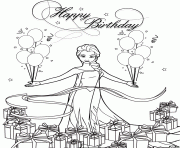 snow queen elsa with balloons and gifts colouring page