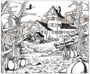 Printable halloween adult haunted house and pumpkins coloring pages