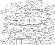 Printable birds decorating christmas tree coloring pages