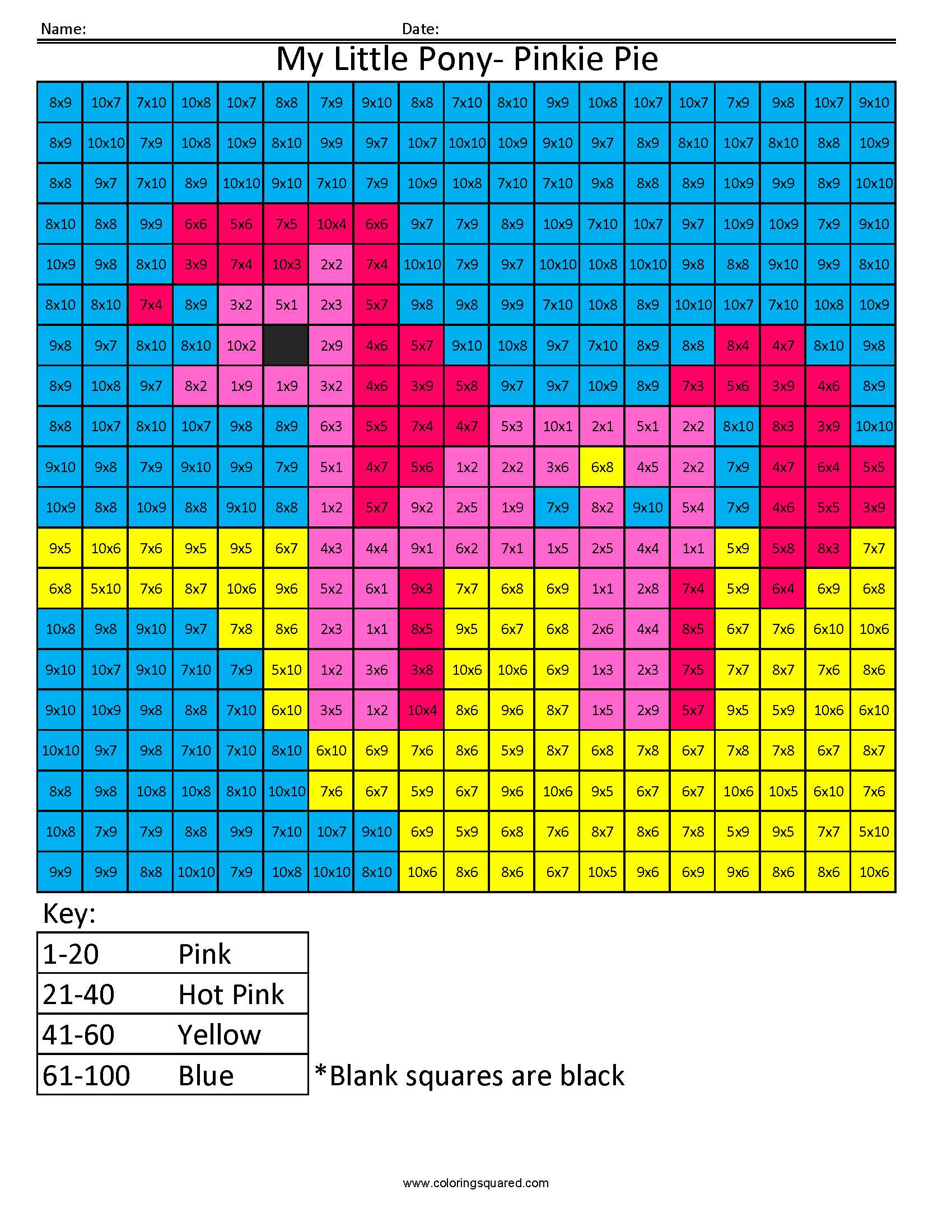 Printable My Little Pony Cartoon Worksheet Multiplication pixel art coloring pages