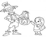 Printable scarecrow treats a little girl with sweets halloween coloring pages