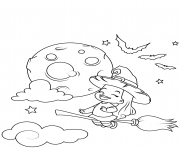 Printable cute little witch flying on a broomstick halloween coloring pages