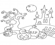 Printable scene in the cemetery halloween coloring pages