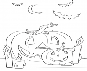 Printable halloween scene with pumpkins candles and bats coloring pages