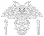 Printable halloween adult bat sitting on skull coloring pages