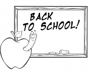 Printable happy worm in apple in front of school chalk board coloring pages