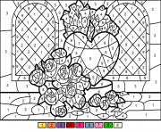 Printable roses and heart color by number coloring pages