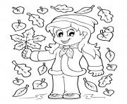 Printable fall autumn girl in falling leaves coloring pages