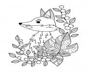 Printable fall fox fallen leaves berries for adults coloring pages