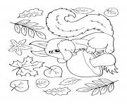 Printable fall squirrel with mushroom falling leaves coloring pages