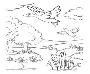 Printable fall ducks flying near lake coloring pages