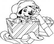 Printable Puppy wearing Santa hat in gift box coloring pages