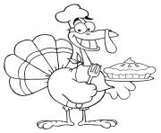Printable thanksgiving cartoon turkey chef with pie coloring pages