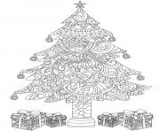 Printable christmas for adults decorated tree with wrapped gifts intricate doodle coloring pages