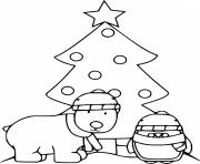 Printable Polar Bear and Penguin with a Christmas Tree coloring pages