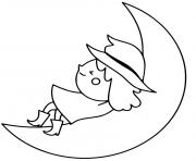 Printable Cute Witch sleeping on a Moon coloring pages