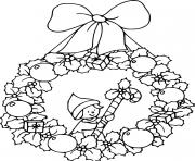 Printable Little Elf Holds a Cane in the Wreath coloring pages