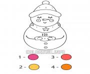 Printable snowman with a hot chocolate to warm up color by number coloring pages