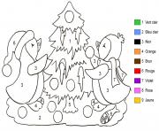 Printable kindergarten penguins decorate a tree color by number coloring pages