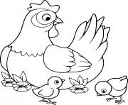 Printable Cartoon Hen and Two Chicks coloring pages