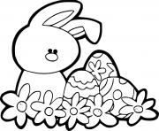 Printable Easter Bunny with Three Eggs and Flowers coloring pages