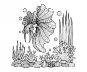 Printable adult zentangle fish on corals by bimdeedee coloring pages