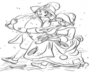 Printable pilgrim boy and girl carrying pumpkin and corns thanksgiving coloring pages