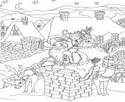 Printable santa claus with presents is entering the house via the chimney christmas coloring pages