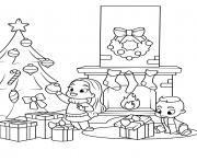 Printable kids near the fireplace and christmas tree coloring pages