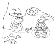 Printable owl and jack o lantern with candies halloween coloring pages