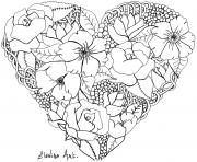 Printable adult elanise art flowers in a heart coloring pages
