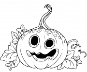 Printable funny lantern from pumpkin with the cut out of a grin and leaves coloring pages