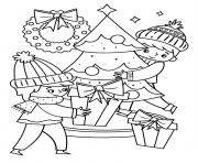 Printable Christmas Kids around the Christmas tree coloring pages