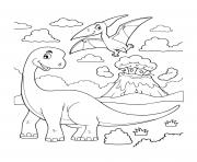 Printable dinosaur cartoon brachiosaurus with flying dinosaur volcano coloring pages